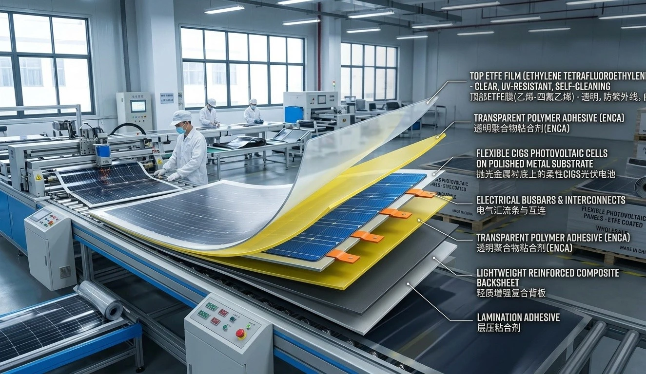 Cross-section material layers of wholesale flexible photovoltaic panels ETFE Cross-section material layers of wholesale flexible photovoltaic panels ETFE