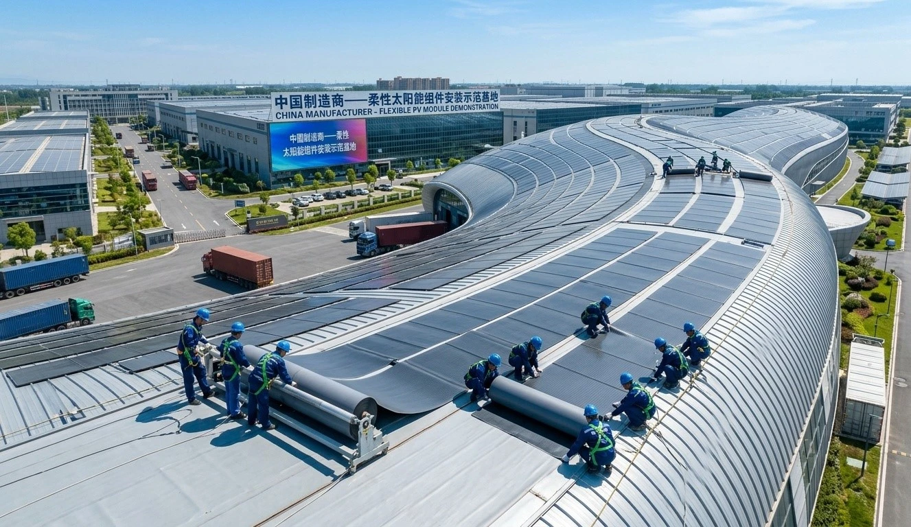China manufacturer flexible solar modules installed on curved commercial roof China manufacturer flexible solar modules installed on curved commercial roof